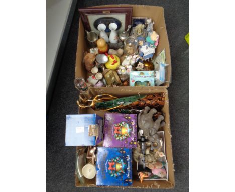 Two boxes of Russian dolls, carriage clock, elephant ornaments, Ringtons tea light holders etc 