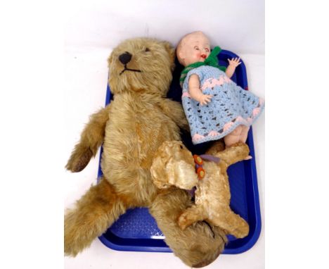 A tray of vintage mohair teddy bear, similar toy in the form of a lamb labelled pedigree and a vintage doll&nbsp;&nbsp;