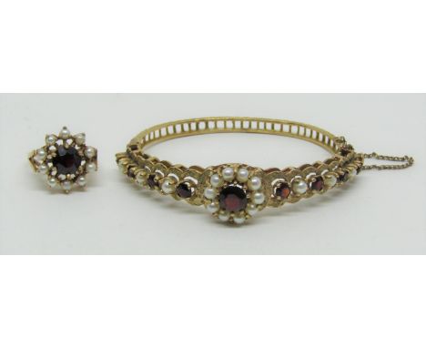 Vintage 9ct hinged bangle set with graduated garnets and pearls, together with a matched cluster dress ring, size M, 22.5g to
