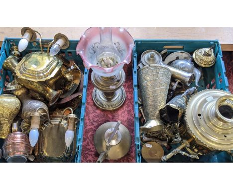 A quantity of miscellaneous copper and brassware including Russian samovar, pair of two branch wall sconces, etched Indian va