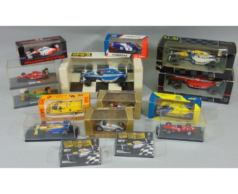 Mixed collection of boxed model racing cars including Onyx 1:24 5003, 5001 and 5005, 2x 1:43 Brumm Mercedes models R37 and R7