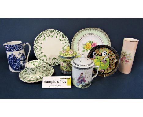 A collection of Royal Albert teawares with green printed floral swag detail comprising a pair of cake plates, milk jug, five 