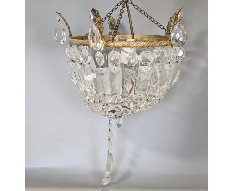 A cut glass basket shaped ceiling light with prism and other drops 