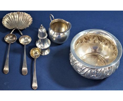 Mixed collection of white metal and silver to include a silver baluster sucrier/bowl, five various spoons, a baluster pepper,