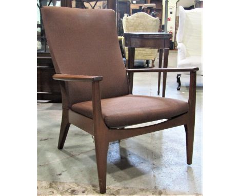 A mid 20th century Parker Knoll open armchair model number 988 series, the shaped and moulded teak frame with upholstered bac