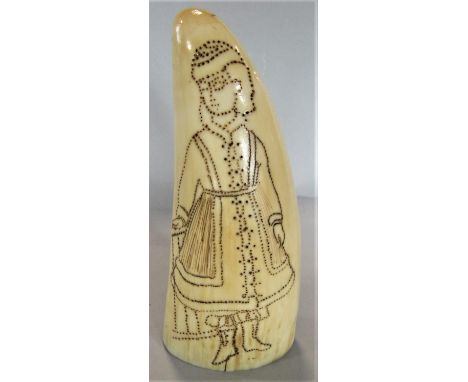 An antique scrimshaw with pin work decoration of a standing female character and further bust portrait, 12cm high 