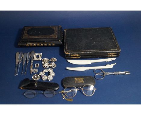 Mixed collection of bijouterie silver to include various silver handled manicure tools, gold framed spectacles, various paste