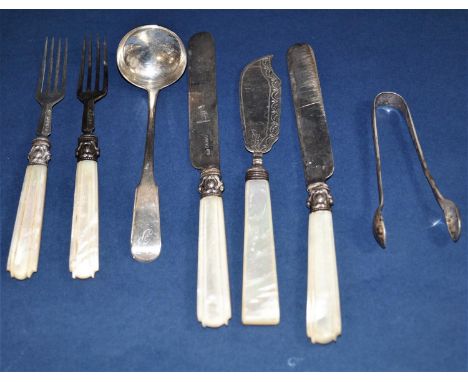 Two pairs of silver bladed knives and forks, with pearl handles, a further Georgian pearl handled butter knife, sugar nips an