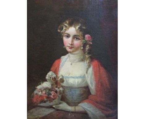 19th century British School, monogrammed FYK (F Y Kinnaird?) - Half length portrait of a young woman dressed for the opera ho