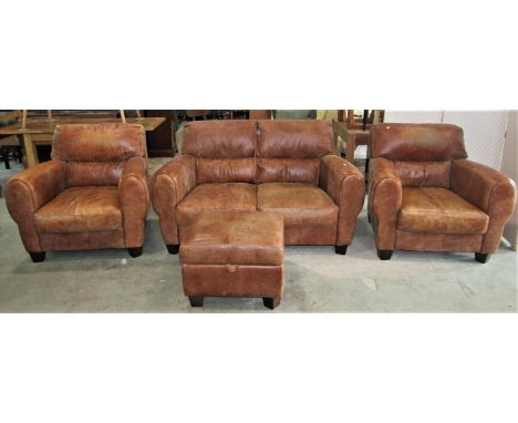 A contemporary stitched tan leather upholstered Art Deco style four piece club suite comprising two seat sofa, pair of matchi