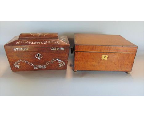 19th century pearl inlaid sarcophagus caddy, 26cm wide (af) together with a further 19th century satinwood twin handled box, 