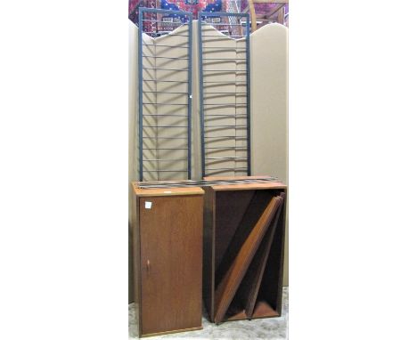 A mid 20th century sectional lounge wall unit, probably Ladderax, comprising two teak rectangular adjustable box sections, on
