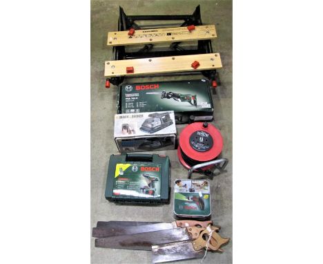A Bosch PSR18 vault cased battery drill, Bosch PSA700E electronic electric hand saw, a Bosch IXO tin cased rechargeable screw