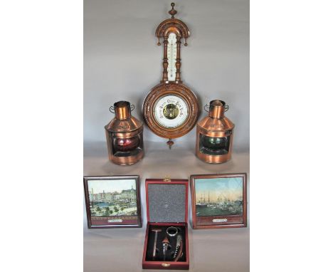 Two lightweight port and starboard lanterns, two early 20th century views of Hamburg, framed, Edwardian aneroid barometer and
