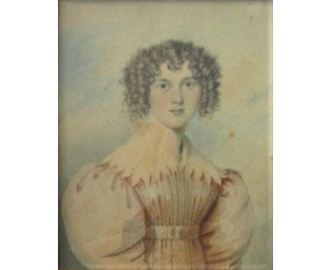 Early 19th century British school, half length miniature portrait of a woman with ringlets and wearing a pink dress, watercol