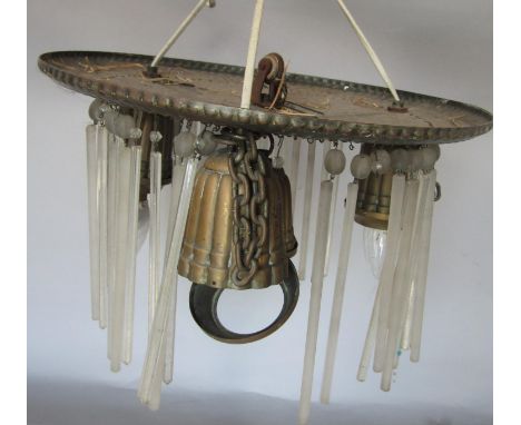 A 1920s brass rise and fall ceiling light,&nbsp;in the style of Josef Hoffman,&nbsp;the circular dished top with repeating ge