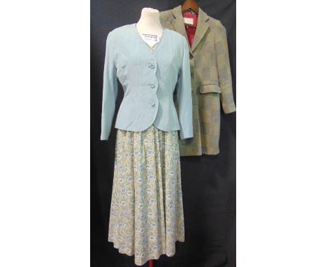 Collection of vintage textiles including Laura Ashley cotton print dress size 14 with matching jacket, 2 x tweed coats by Bru