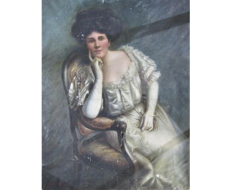 G A Poole (early 20th century school) three quarter length portrait of a seated lady in white satin dress and long gloves, oi