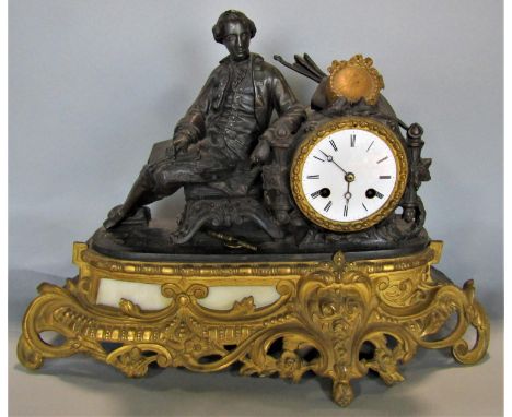 19th century French mantel clock in the romantic style, the eight day sticking movement surmounted by an artist, raised on a 