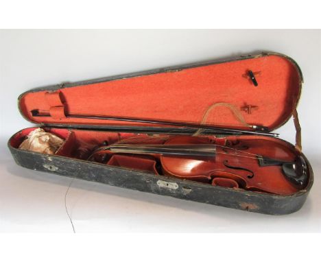 A Czechoslovakian students violin with timber case and bow 