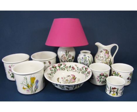 A quantity of Portmerion Botanic Garden pattern wares including a table lamp with pink shade, 21cm tall excluding shade, a ju