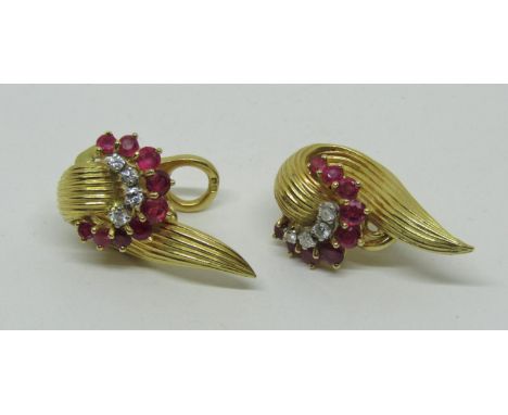 Pair of vintage Kutchinsky 18ct ruby and diamond earrings, London 1961, 16.5g (af - one misshapen) 