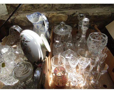 Two boxes of various glassware to include a Murano mottled glass twin handled vase, various decanters and a small quantity of