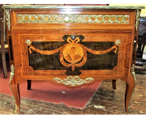 An inlaid continental commode fitted with three drawers, with applied brass fittings, set beneath a shaped marble top, 99cm w