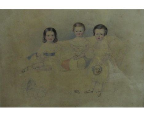 19th century British school - Study of three children with their toys, pencil and watercolour on paper, no visible signature,