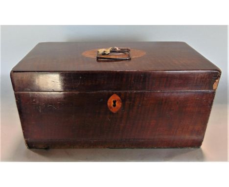 A Regency exotic wood caddy inlaid with satinwood, the hinged lid enclosing two further wooden lidded boxes and circular rece