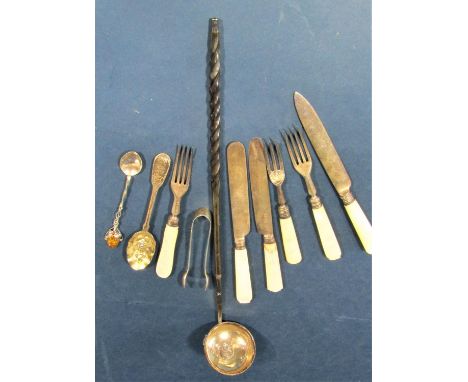 Mixed collection of silver flatware comprising three pairs of pearl handled silver knives and forks, silver berry spoon, suga