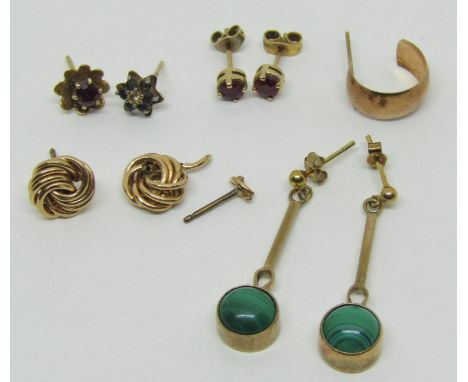 Pair of yellow metal malachite drop earrings, together with a pair of 9ct ruby stud earrings and a quantity of further 9ct ex