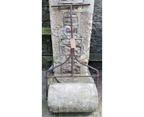 A 19th century or possibly earlier stone garden roller with wrought iron T shaped handle, stamped to side of roll 'H' 