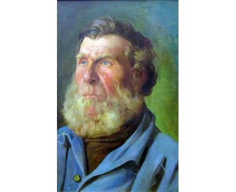 Early 20th century school - Shoulder length portrait of bearded blue eyed man dressed in blue, oil on board, inscribed top ri