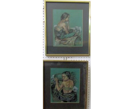 20th century school - Pair of studies of Tahitian type female characters, pencil. pastel and bodycolour on green paper, no si