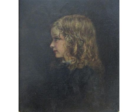 19th century school, bust length profile portrait of a girl with fair coloured ringlets and a blue dress, oil on board, no vi