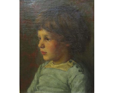 C M Parrott (British fl.1906-1920) - Shoulder length portrait of a child in a pale blue buttoned sweater, oil on board, signe