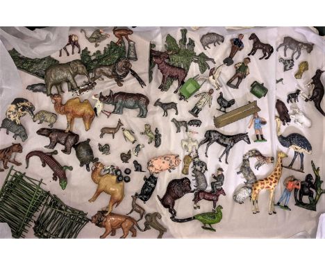 A box of lead painted toys, many by Britains including farm and zoo animals, people, tools, fencing, trees etc (one boxful) 