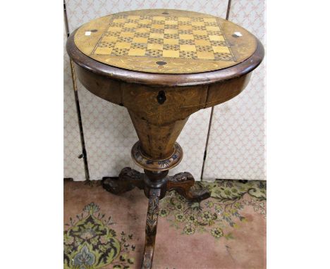 A Victorian walnut and figured walnut trumpet shaped work box, the marquetry straw work top incorporating a chequer board, ra