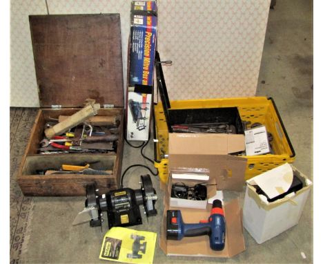 A quantity of workshop and other tools to include a McKeller 150w electric bench grinder, heavy cast iron bench vice, boxed D