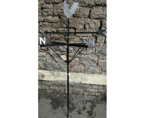 An iron work weather vane with cut sheet steel cockerel finial, 145cm high (including pole) 