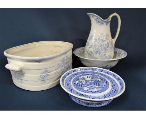 19th century blue and white printed Asiatic Pheasant pattern jug and basin set, jug height 34cm approx, together with a Burle
