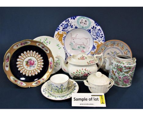 A collection of 19th century and later decorative ceramics including an  early 19th century teapot with chinoiserie style pai