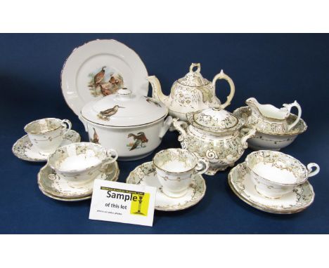 A quantity of Victorian tea wares with grey and gilt border decoration including a pair of covered sucriers (one af) milk jug