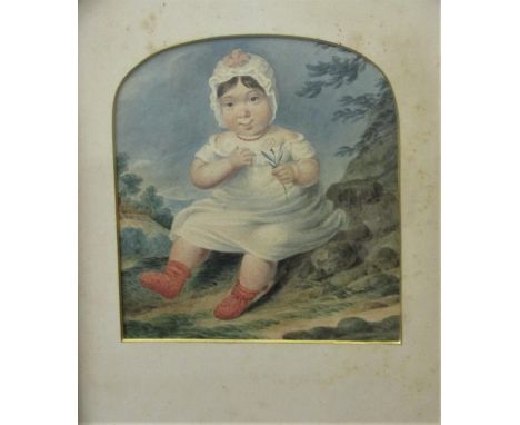 Early 19th century British school - Full length study of a child in landscape setting seated and holding a flower, wearing wh