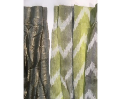 2 pairs of lightweight contemporary curtains, ex display and appear to be unfinished. First pair in shades of green and grey,