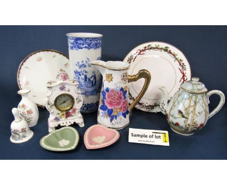 A collection of decorative ceramics including a Spode blue room collection girl at well pattern blue and white printed lamp b