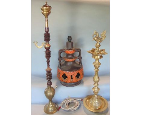 A substantial brass hookah pipe with engraved detail and associated accessories, further Indian example, German lava lamp wit