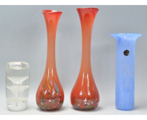 A small group of mixed vintage retro 20th Century glass to include a matching pair of fluted glass vases, a Channel Islands m