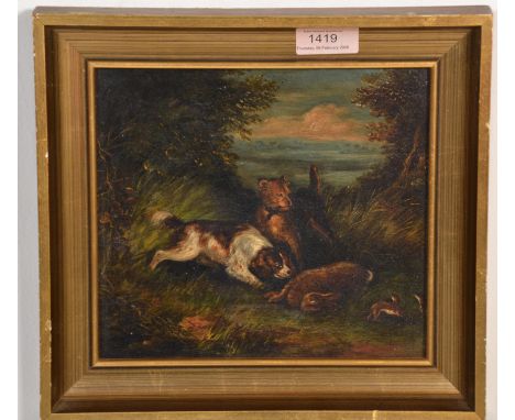 A 20th Century oil on board painting. Depicts a hunting scene with landscape visible beyond. Two dogs stand over their catch 